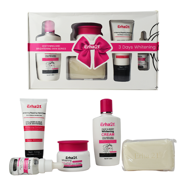 Set de 5 piezas para skin care Erha 21 empaque fucsia y blanco