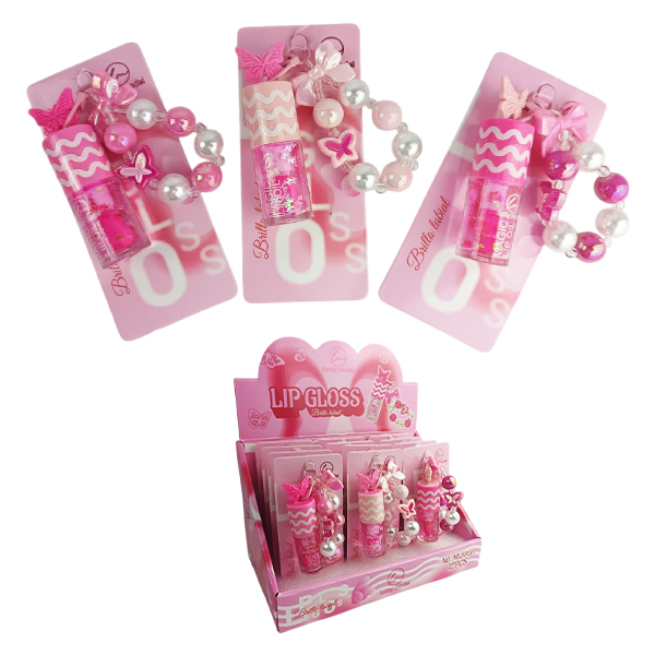 Brillo de labios perlado con presentación de llavero con purcera de mariposa de Lucky Model
