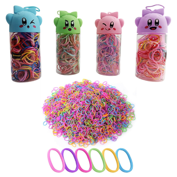 Hules para cabello multicolores en presentación de bote de oso